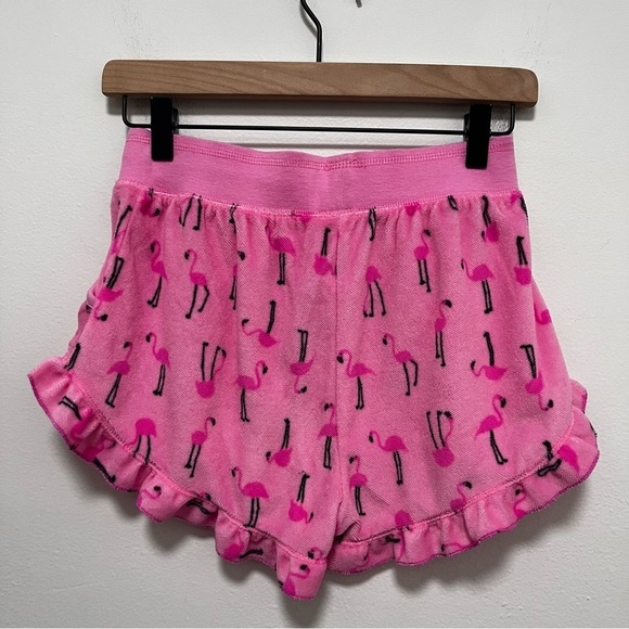 BETSEY JOHNSON Pink Flamingo Soft Terry Cloth Ruffle Hem Shorts Size Small - Picture 2 of 9